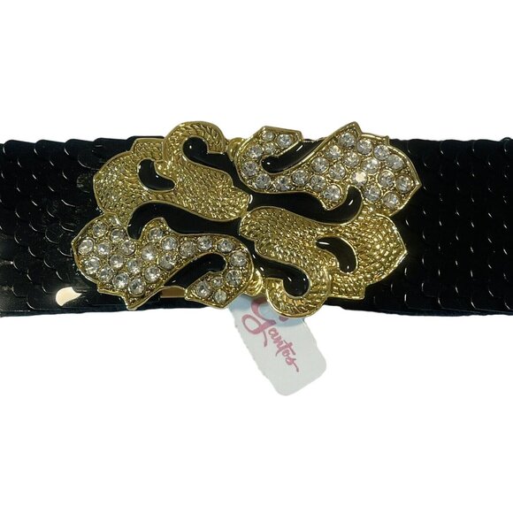 Vintage Gantos S Black Sequence Belt W Gold Bling Buckle Stretch 26” Or Bigger - Picture 3 of 13